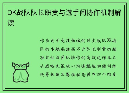 DK战队队长职责与选手间协作机制解读
